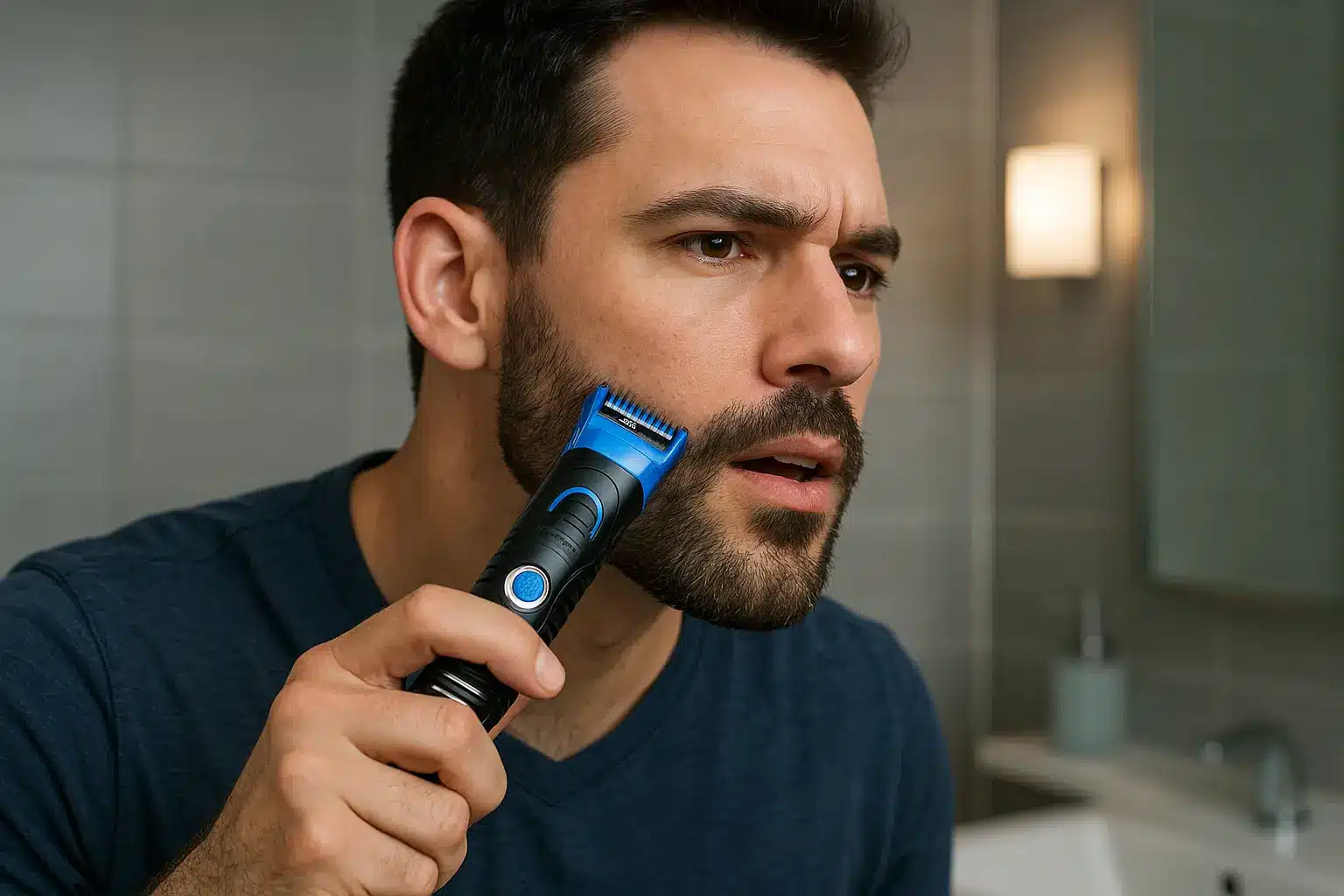 Homme utilisant un rasoir Gillette devant un miroir dans une salle de bain moderne