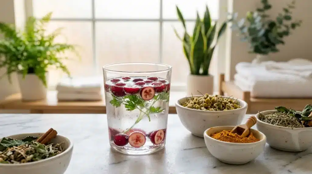 Verre de cocktail aux fruits rouges et herbes fraîches, épices