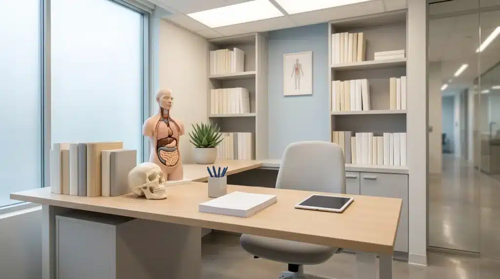 Bureau de médecin avec modèles anatomiques et bibliothèque médicale