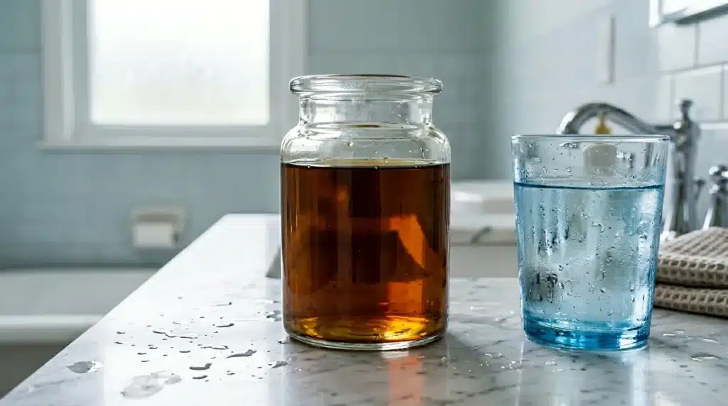 Jar de liquide brun et verre d'eau claire sur comptoir