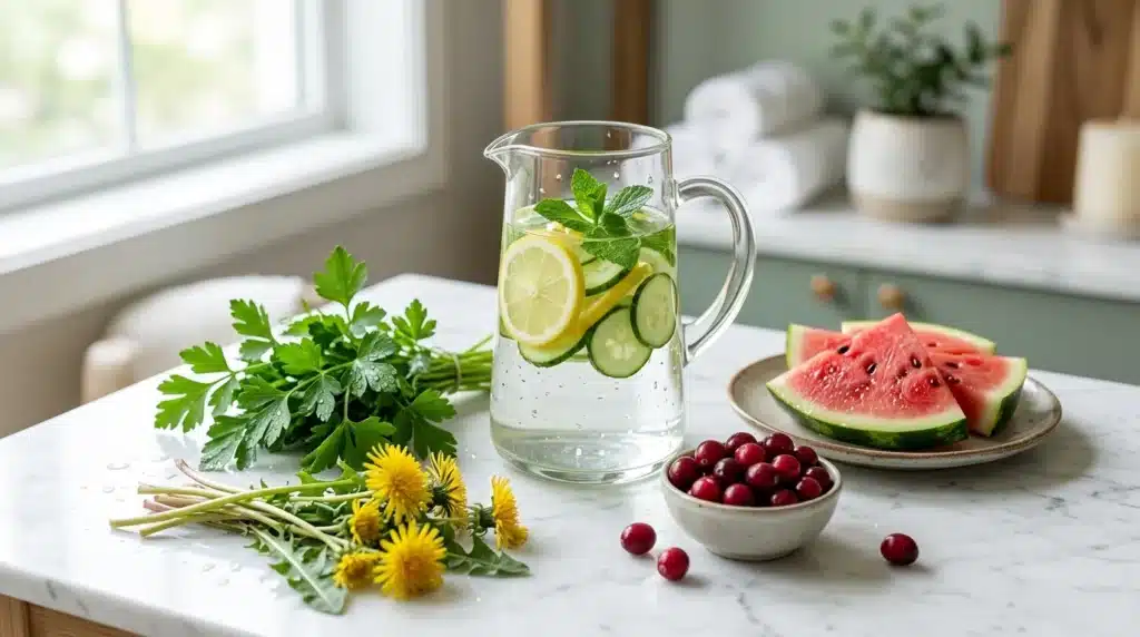 Pichet d'eau infusée citron-concombre avec fruits frais et herbes