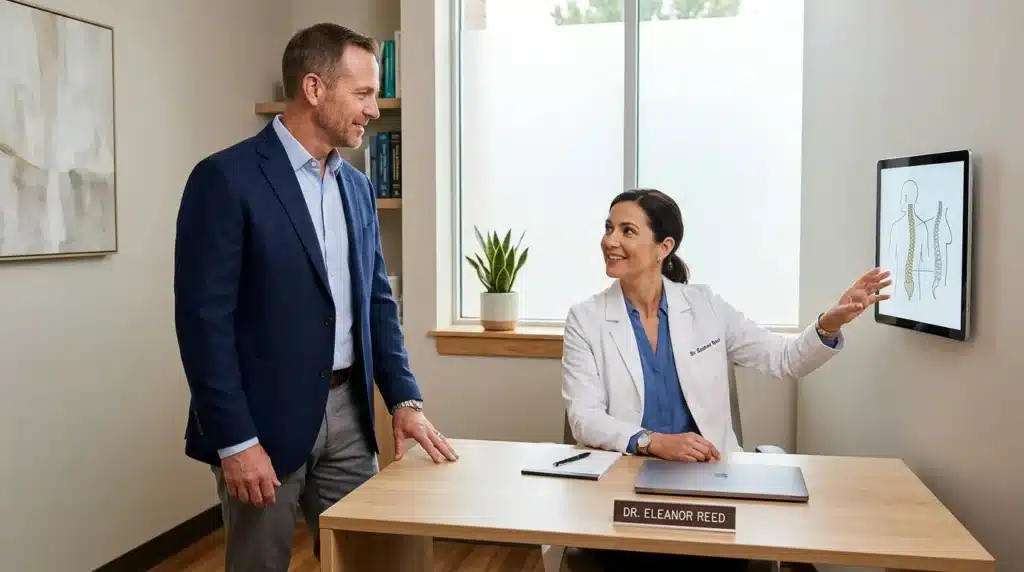 Médecin discute avec patient dans son bureau moderne