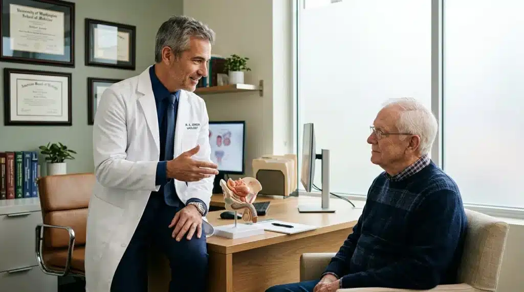 Médecin explique pathologie à patient âgé dans cabinet