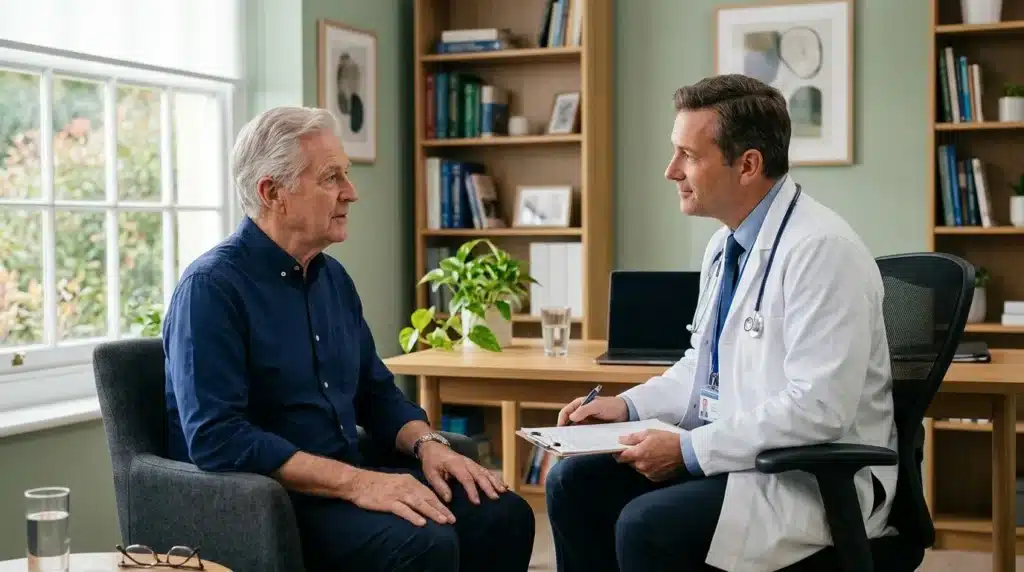 Médecin en blouse blanche consulte un patient âgé dans son bureau