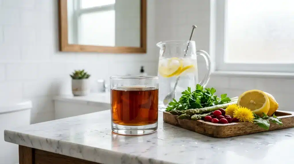 Verre de thé glacé, cruche citron, herbes fraîches cuisine