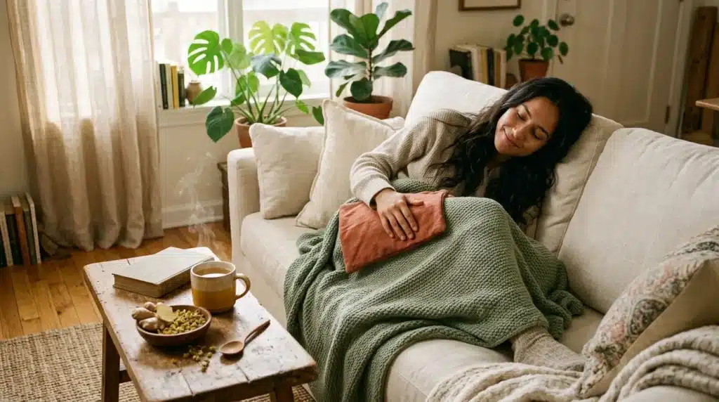 Femme relaxant sur canapé avec couverture verte et café