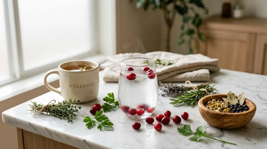 Mug wellness, verre de fruits rouges, herbes aromatiques et bol de céréales