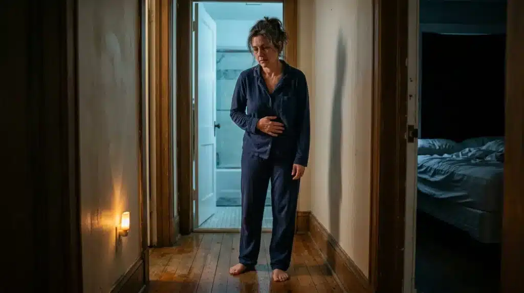 Femme en pyjama bleu marchant seule dans un couloir sombre