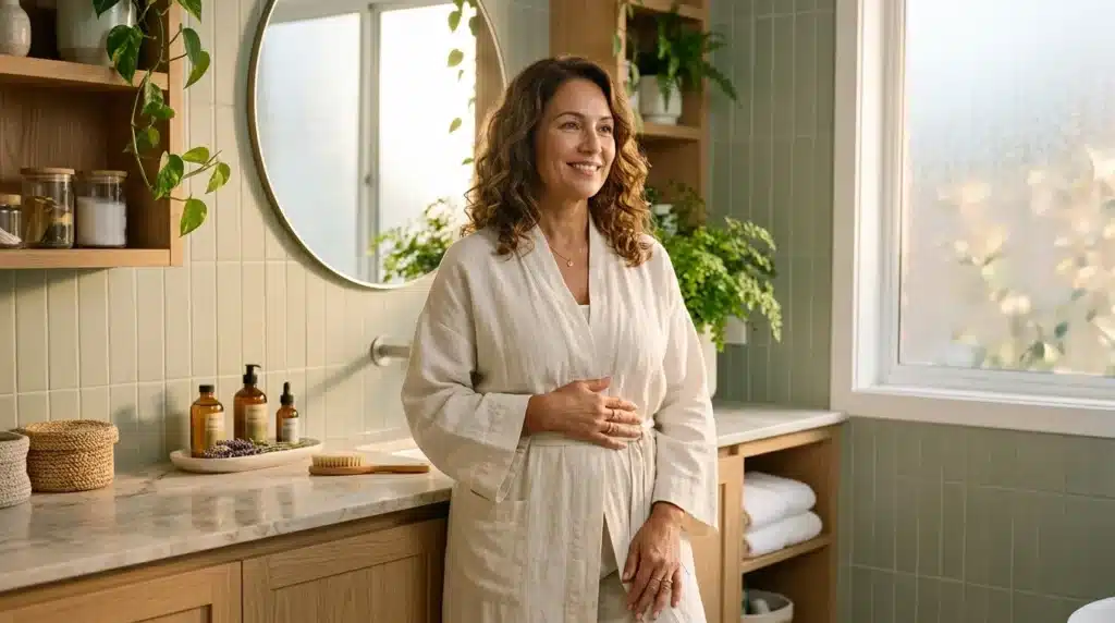 Femme enceinte souriante dans une salle de bain moderne et végétalisée