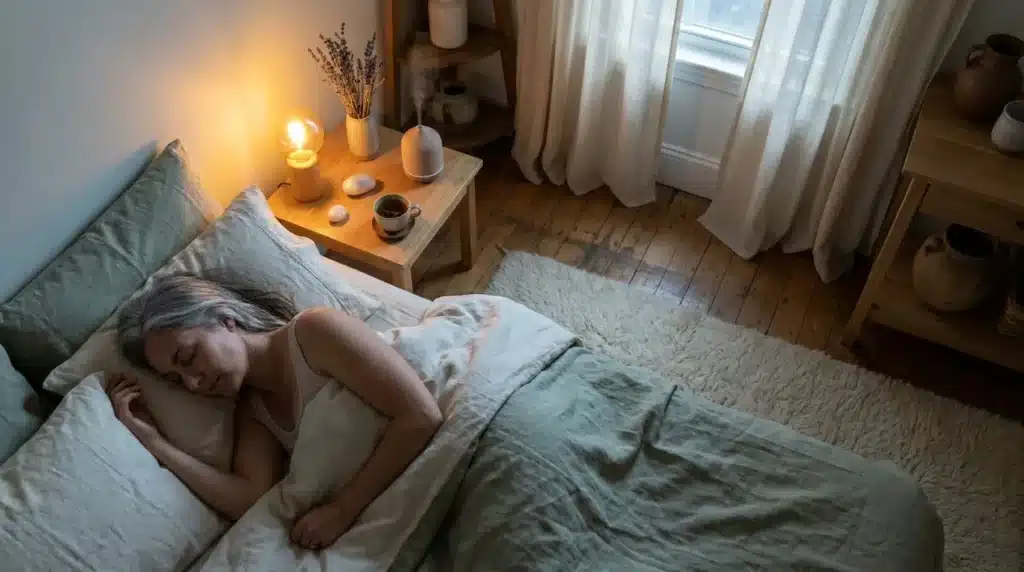 Femme dormant paisiblement sur lit avec lumière tamisée