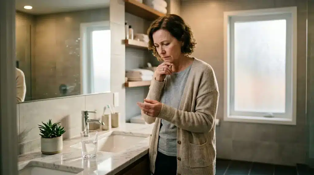 Femme pensif dans salle de bain moderne regardant vers le bas
