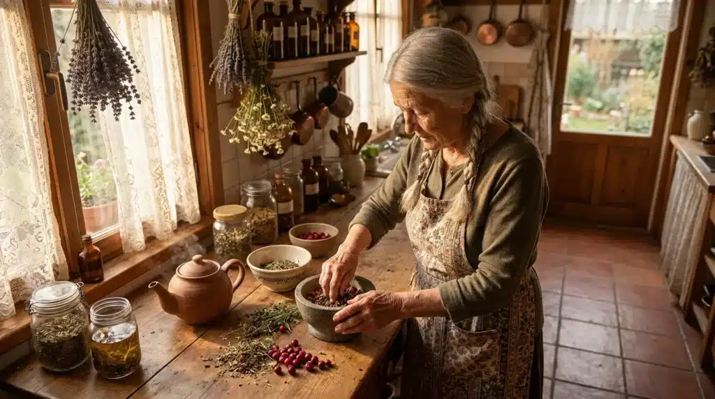Femme âgée préparant des herbes médicinales dans sa cuisine rustique