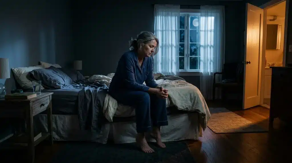 Femme assise sur un lit, pensive, dans une chambre éclairée la nuit.
