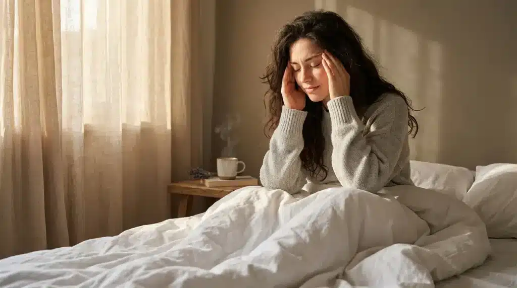 Femme au lit se tenant la tête, expression de douleur