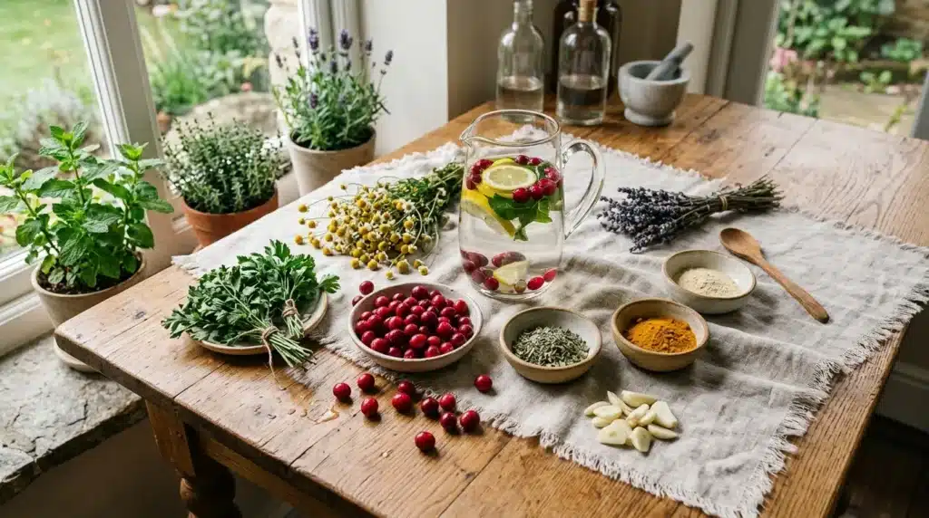 Herbes fraîches, fruits rouges et épices sur table en bois