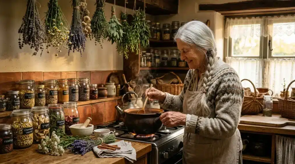 Femme âgée préparant une infusion avec herbes séchées