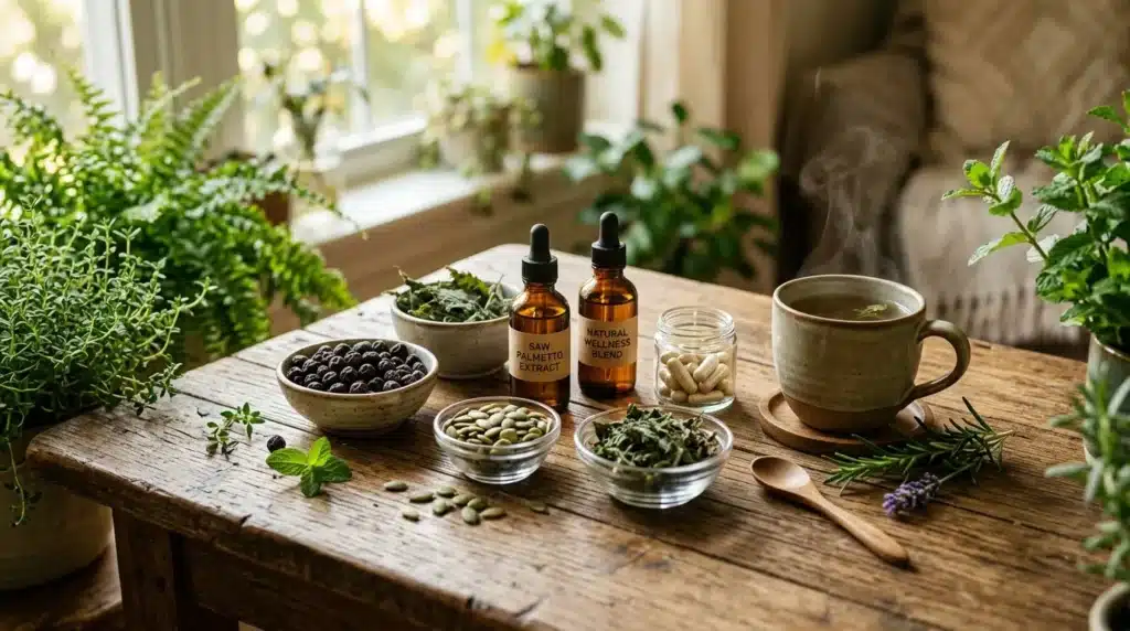 Table en bois avec plantes, extraits et capsules wellness naturels