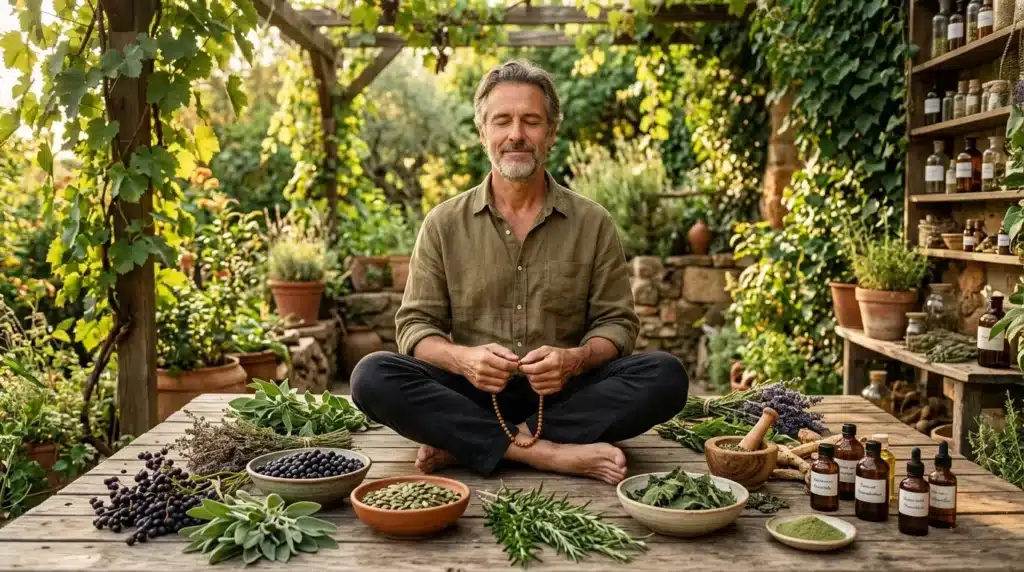 Homme méditant entouré de plantes et d'herbes médicinales