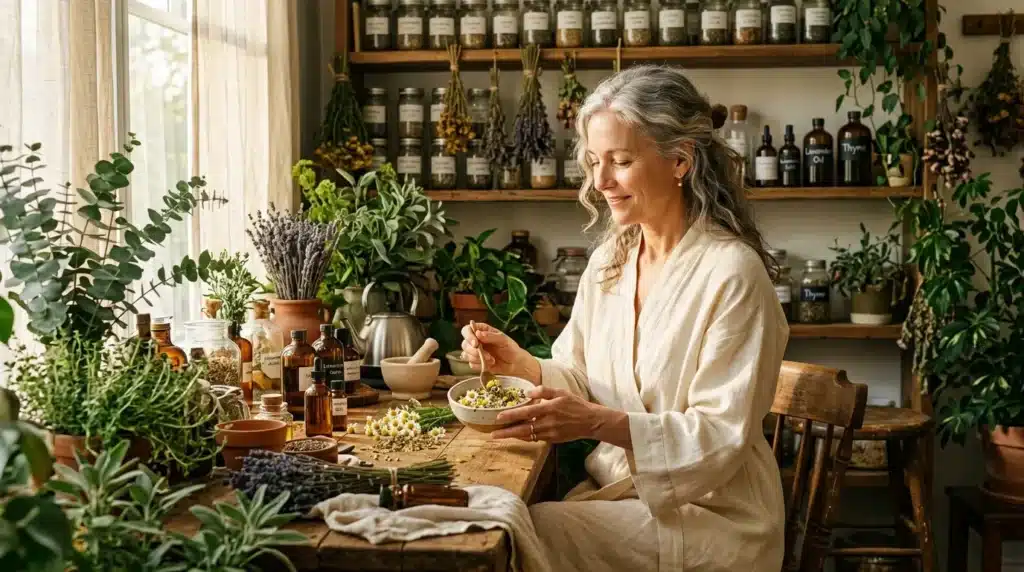 Femme préparant une tisane aux herbes dans son atelier botanique