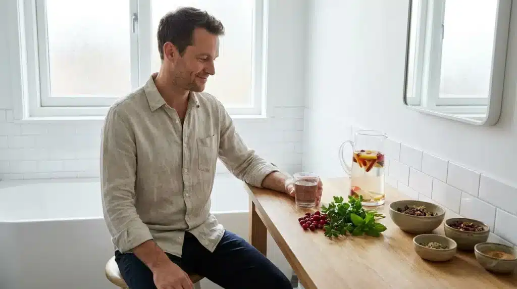 Homme souriant à table avec fruits et boissons naturelles