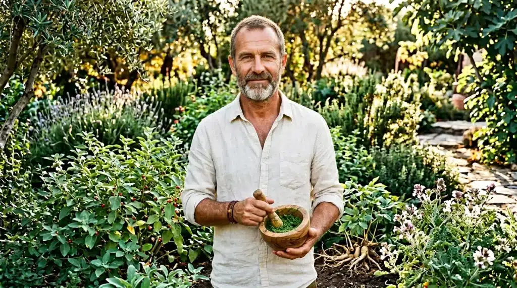 Homme dans jardin tenant mortier herbes aromatiques vertes