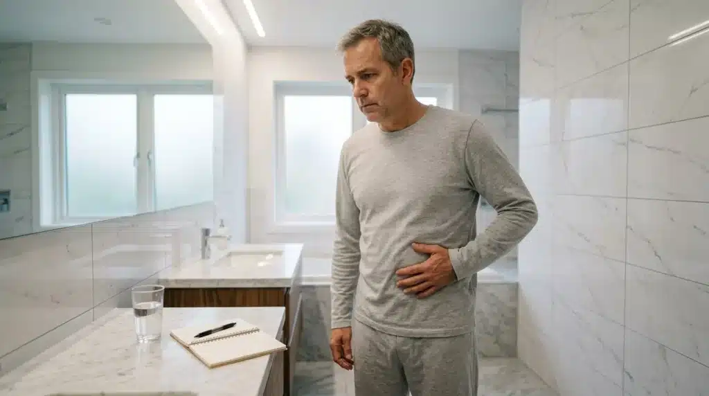 Homme en pyjama gris souffrant de maux de ventre