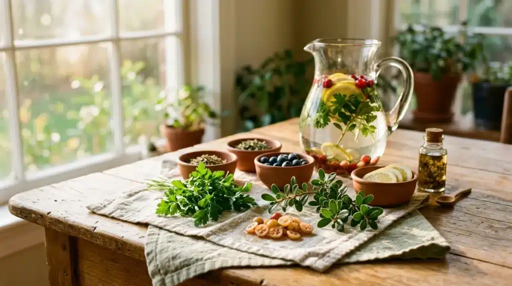 Pichet d'eau infusée avec herbes et fruits frais en cuisine ensoleillée