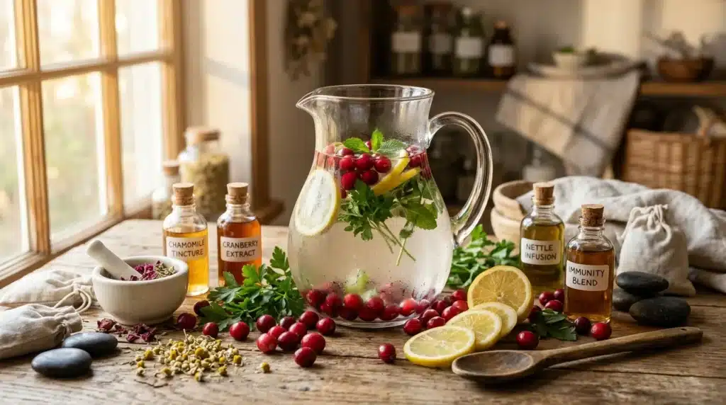 Pichet d'infusion avec cranberries, citron et herbes fraîches