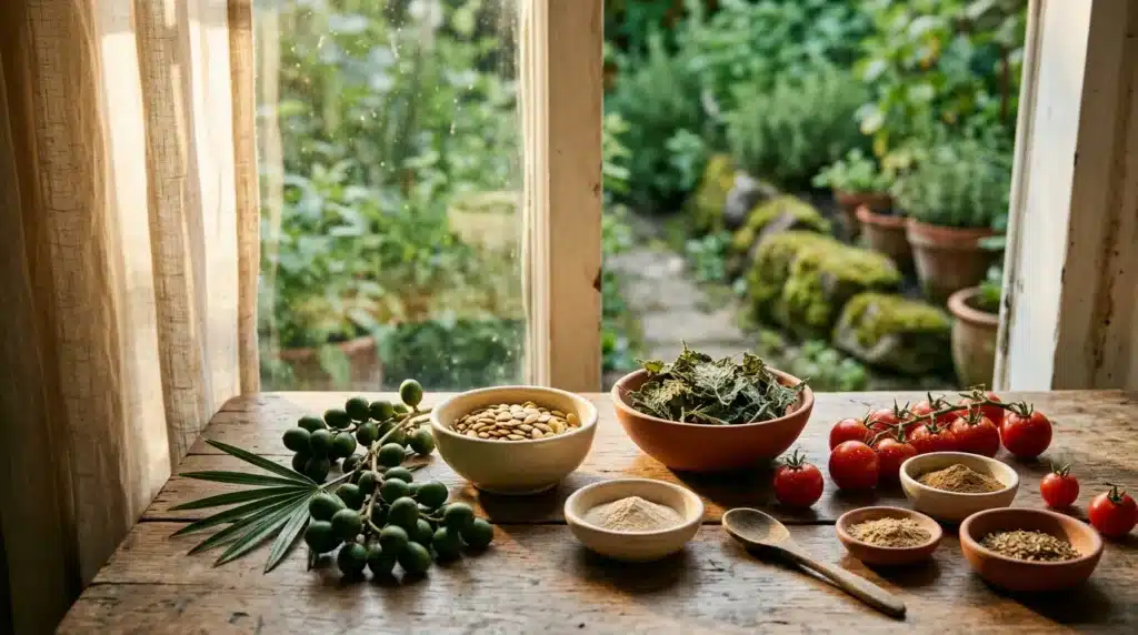 Olives, tomates, herbes et épices sur table rustique