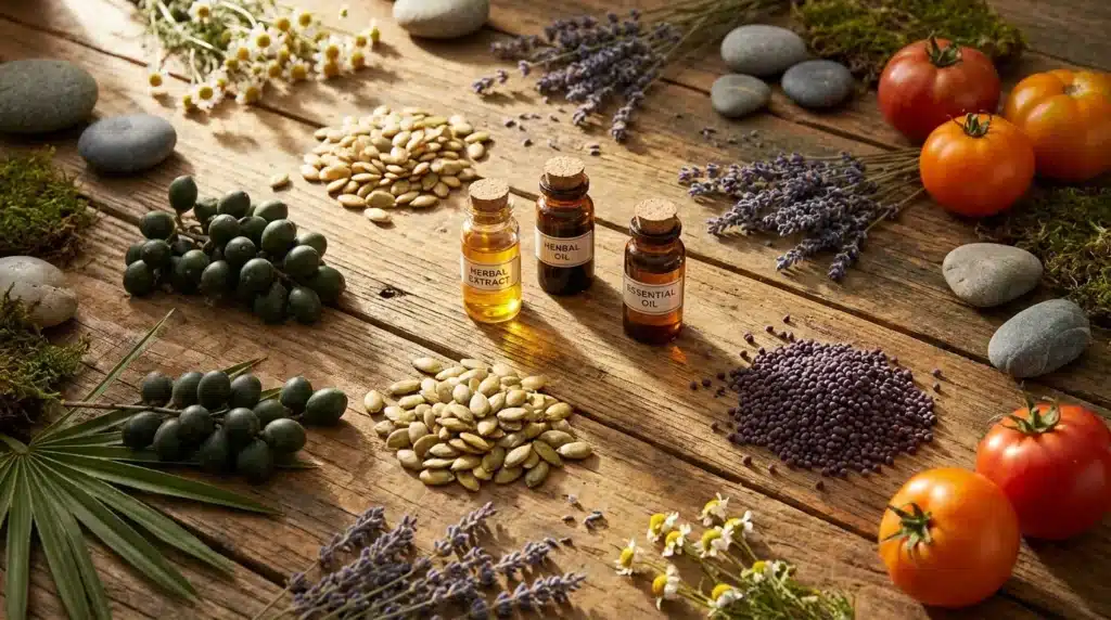 Herbes, huiles essentielles, graines et légumes sur bois rustique