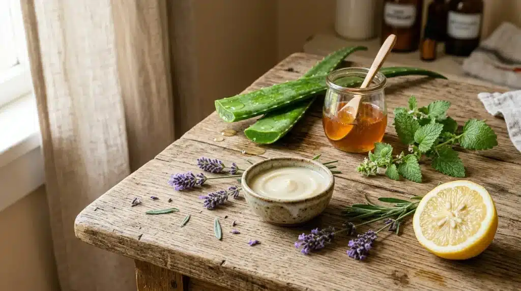 Aloe vera, lavande, citron et miel sur table en bois