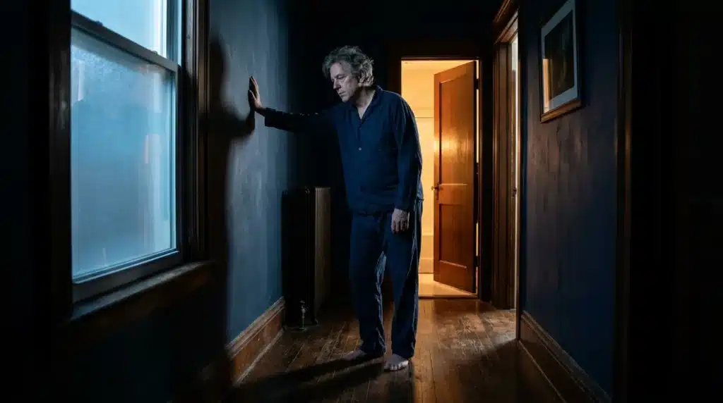 Homme en pyjama bleu touchant fenêtre givrée couloir sombre