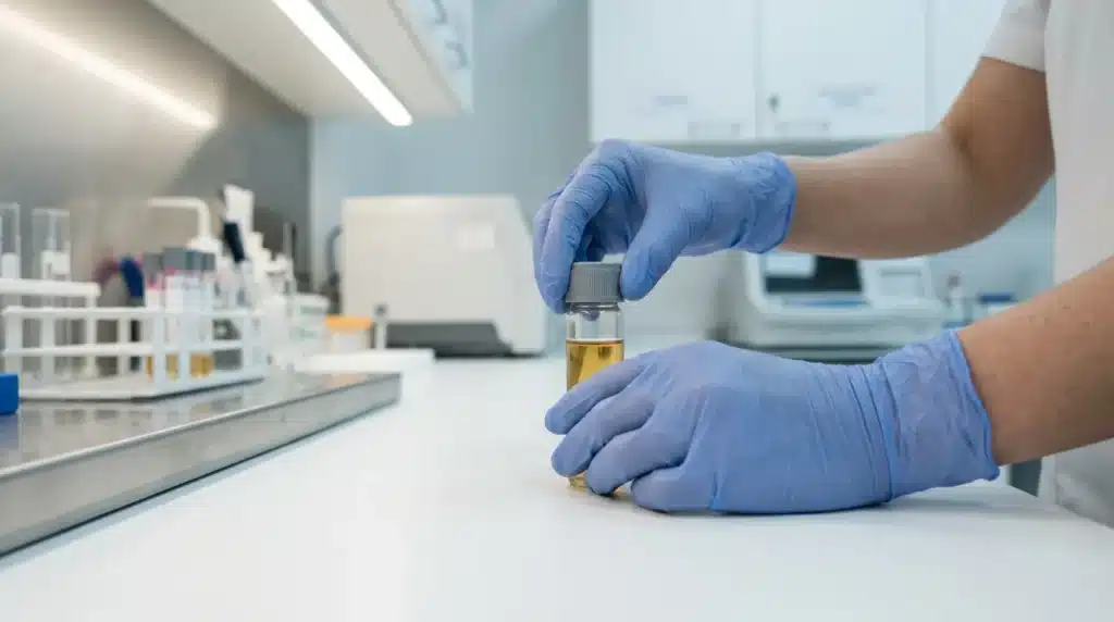 Technicien en gants bleus tenant un flacon jaune en laboratoire