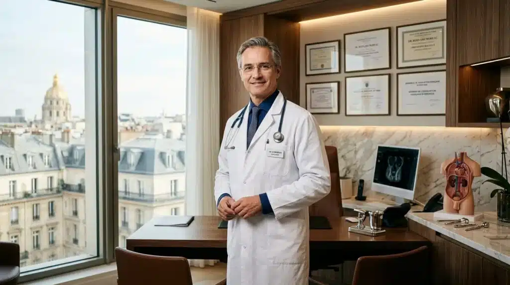 Médecin en blouse blanche dans un cabinet moderne avec vue panoramique parisienne