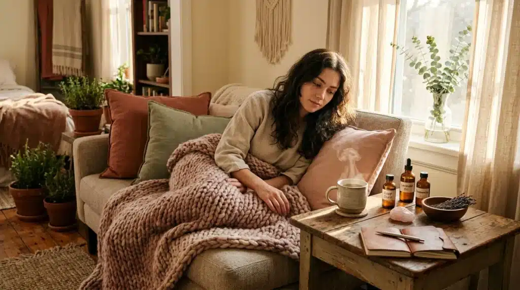 Femme relaxant sur canapé dans intérieur chaleureux et lumineux