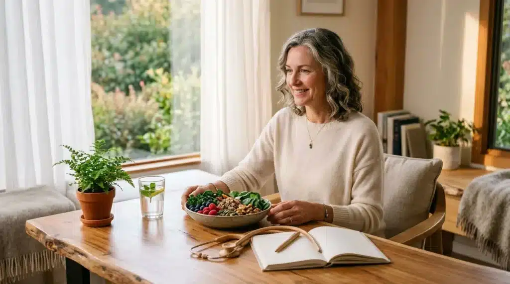 Femme souriante avec bol de salade saine à table
