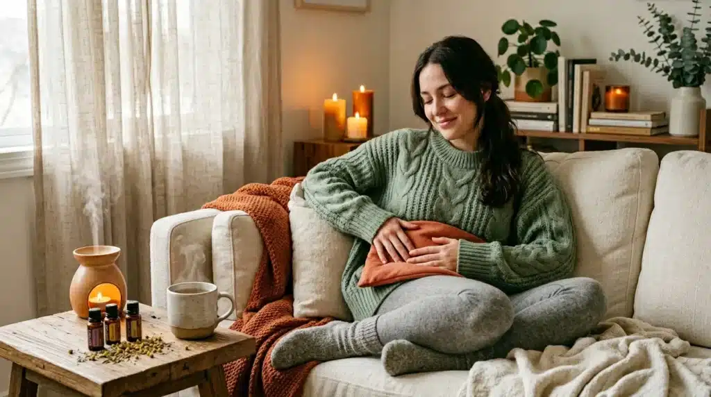 Femme enceinte relaxant sur canapé confortable dans ambiance chaleureuse