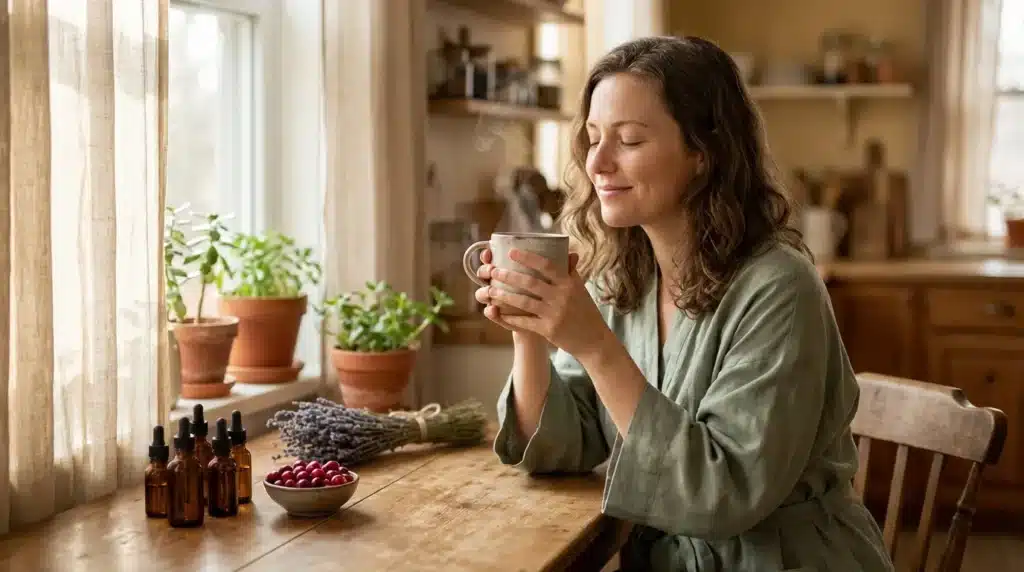 Femme savourant une tisane près de plantes d'intérieur