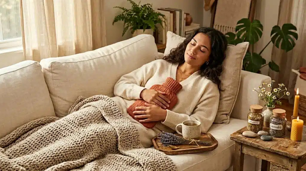Femme relaxée sur canapé avec bouillotte et tisane