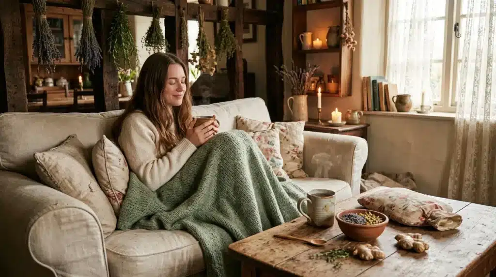 Femme relaxant sur canapé avec tisane et herbes séchées