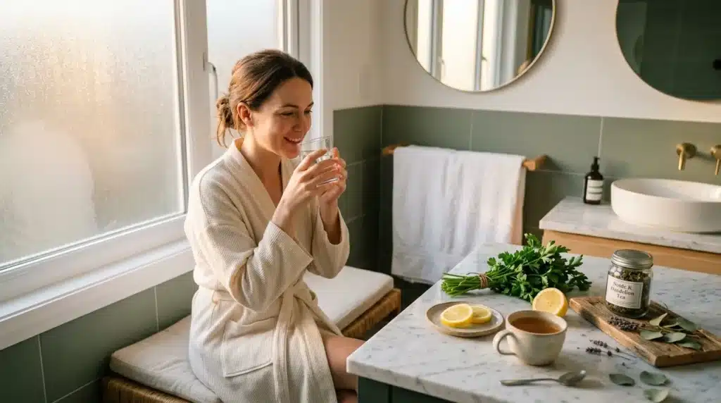 Femme relaxante dans salle de bain moderne avec thé et citron