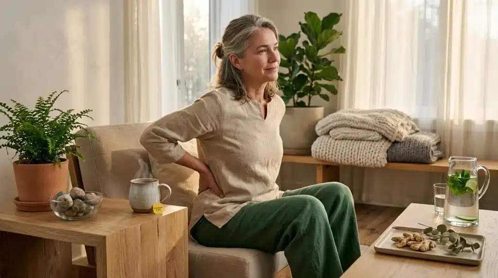 Femme assise sur canapé, tenant son dos, intérieur lumineux