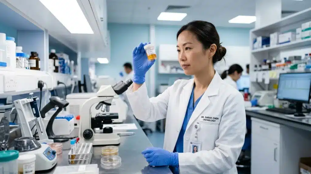 Docteure Chen examine un échantillon en laboratoire de pathologie