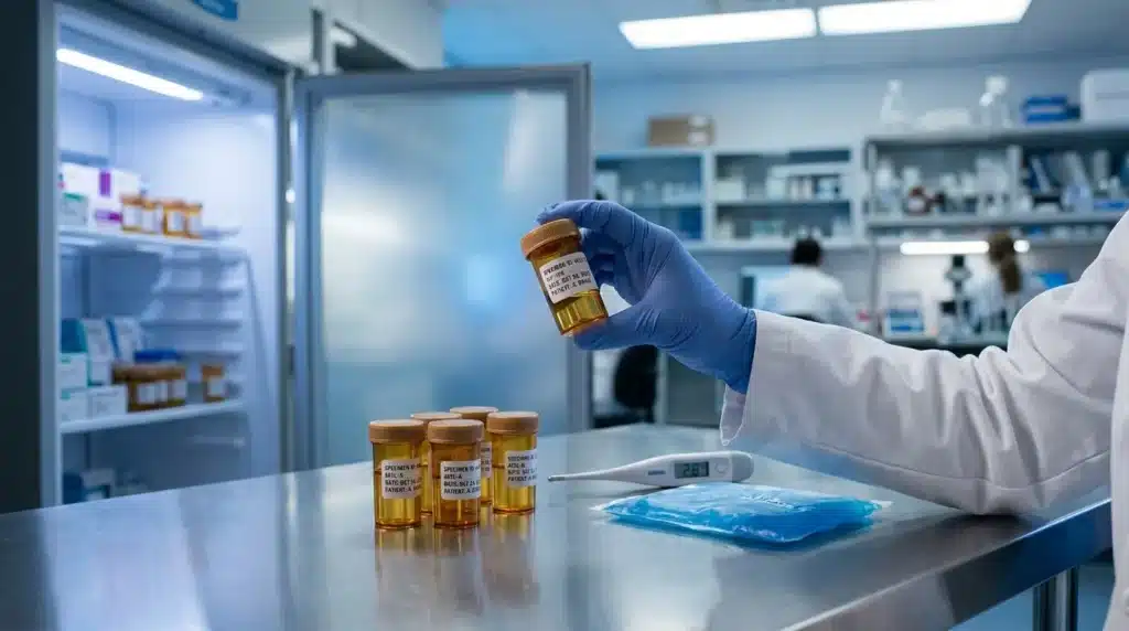 Pharmacien en blouse blanche manipule un flacon dans un laboratoire moderne