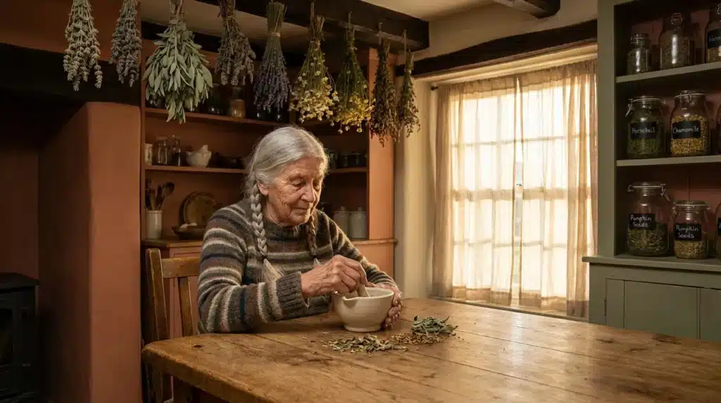 Femme âgée préparant une tisane dans sa cuisine rustique
