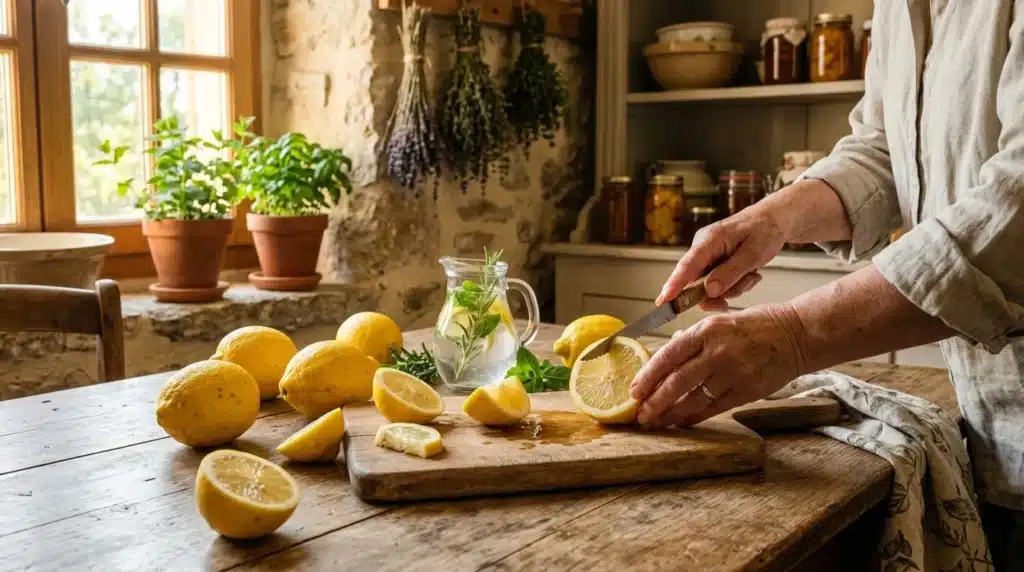 Mains tranchant des citrons sur planche bois rustique