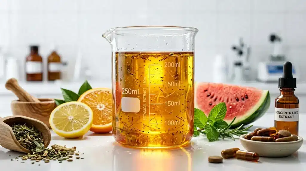 Becher contenant un liquide ambré entouré d'ingrédients naturels