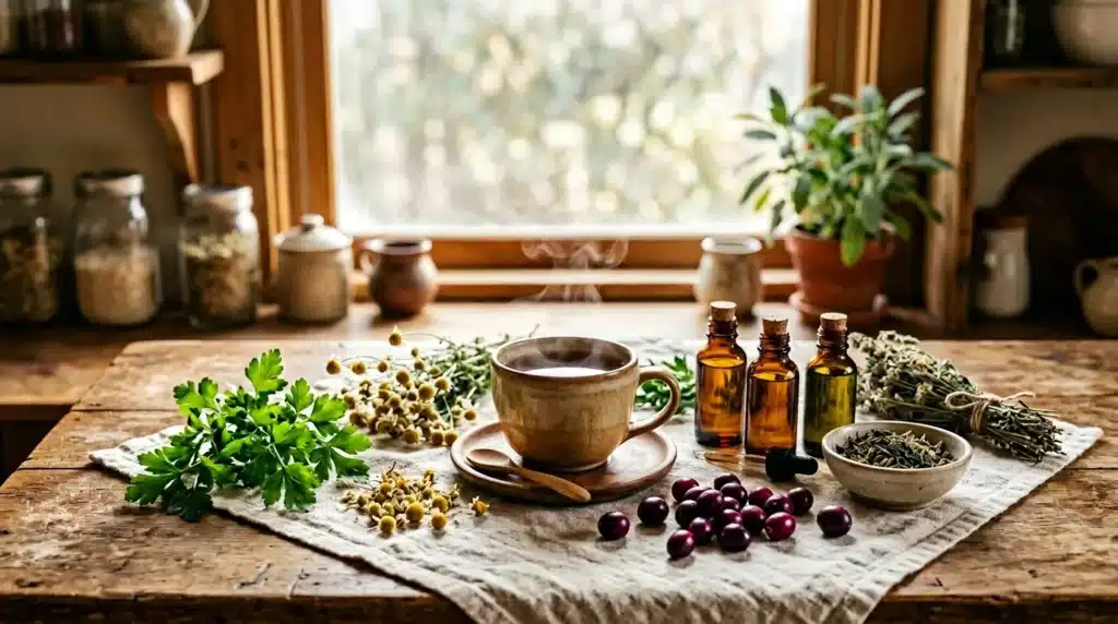 Herbes médicinales, huiles essentielles et tasse de thé sur table
