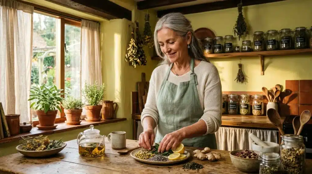 Femme prépare des herbes et plantes dans sa cuisine rustique.
