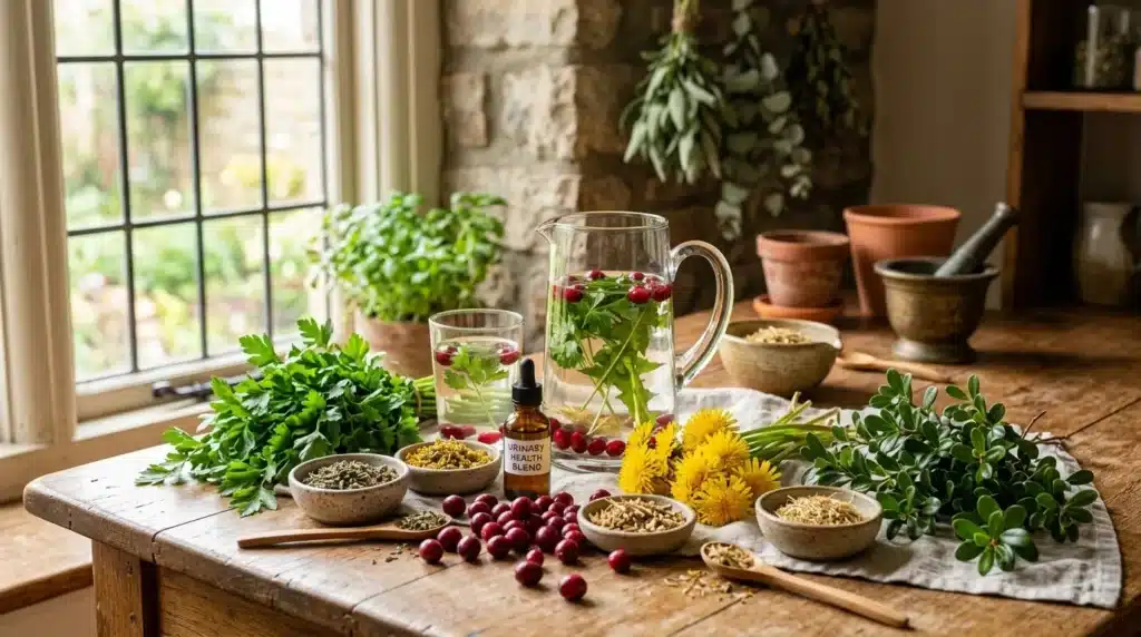 Infusions d'herbes, fleurs jaunes et baies rouges sur table rustique
